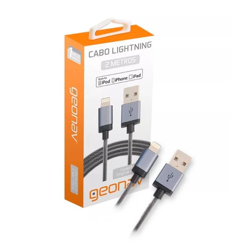 Cabo Usb Compatível Com Iphone, Xr, 11, 12, 13, 14 - 2m - Revestido De Nylon - Geonav Ligh08