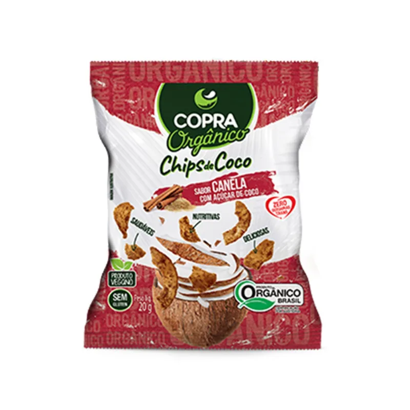 Chips de Coco Orgânico com Canela e Açúcar de Coco - Copra - 10 unidades de 20g