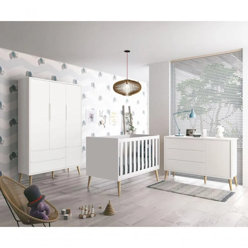 Jogo De Quarto Para Bebê Completo 3 Portas Théo New Branco Fosco Com Natural - Moveisaqui - OUTRAS - Cama, Mesa E Banho