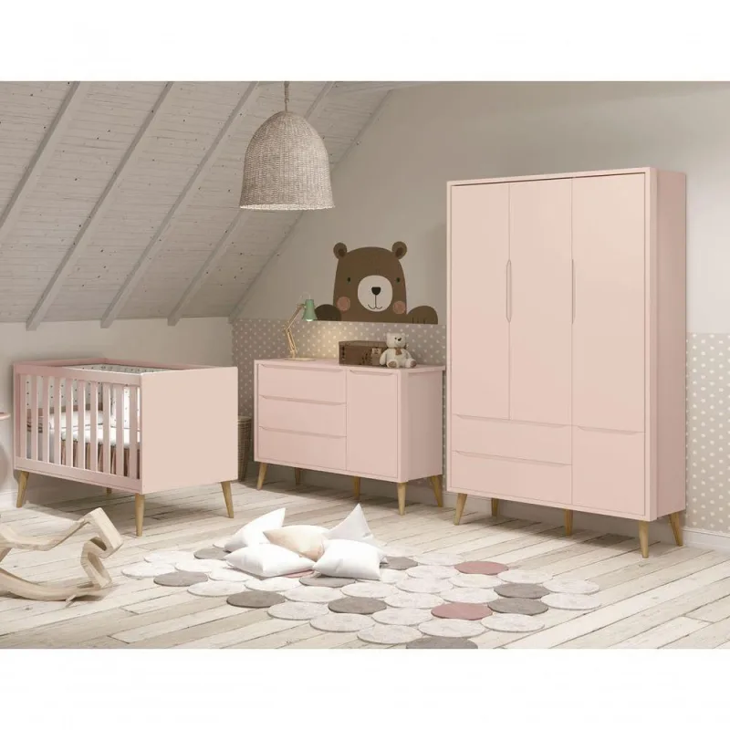 Jogo De Quarto Para Bebê Completo 3 Portas Théo New Rosa Fosco Com Natural - Moveisaqui - OUTRAS - Cama, Mesa E Banho