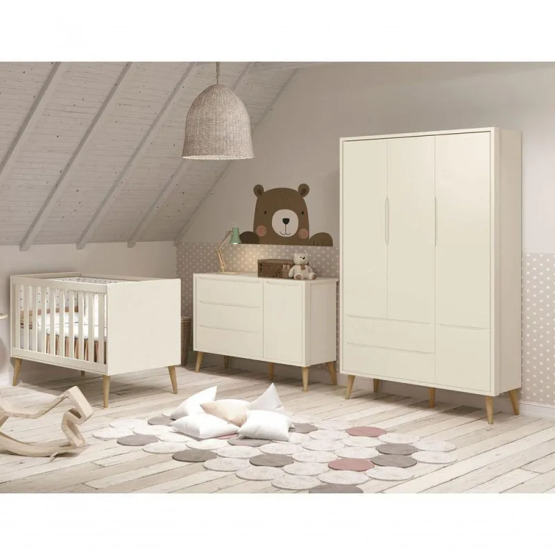 Jogo De Quarto Para Bebê Completo 3 Portas Théo New Areia Fosco Com Natural - Moveisaqui - OUTRAS - Cama, Mesa E Banho