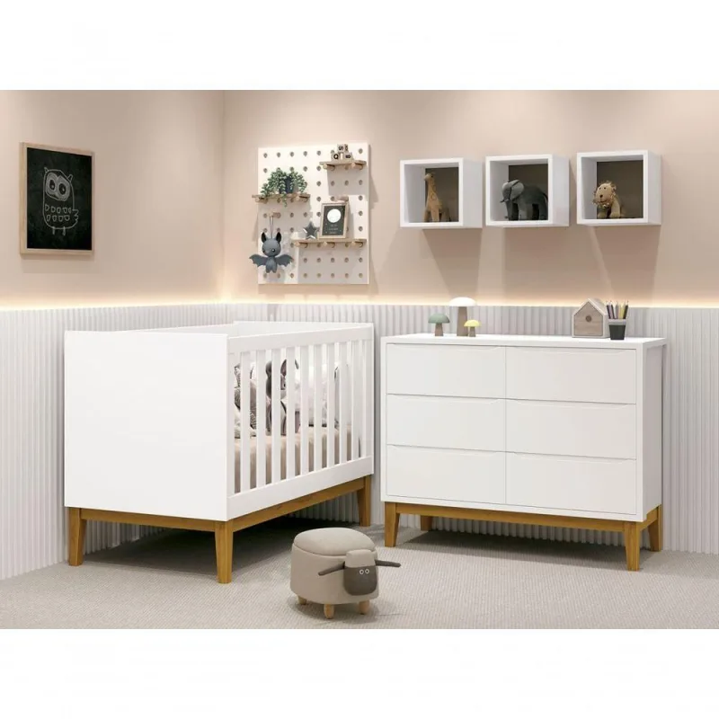 Jogo De Quarto Para Bebê Classic New Branco Fosco Com Madeira - Moveisaqui - OUTRAS - Cama, Mesa E Banho