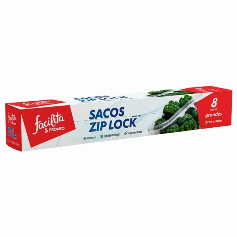 Saco Zip Lock Facilita & Pronto Plástico 27cm x 31cm com 8 Unidades - Facilita & Pronto - Utilidades E Casa