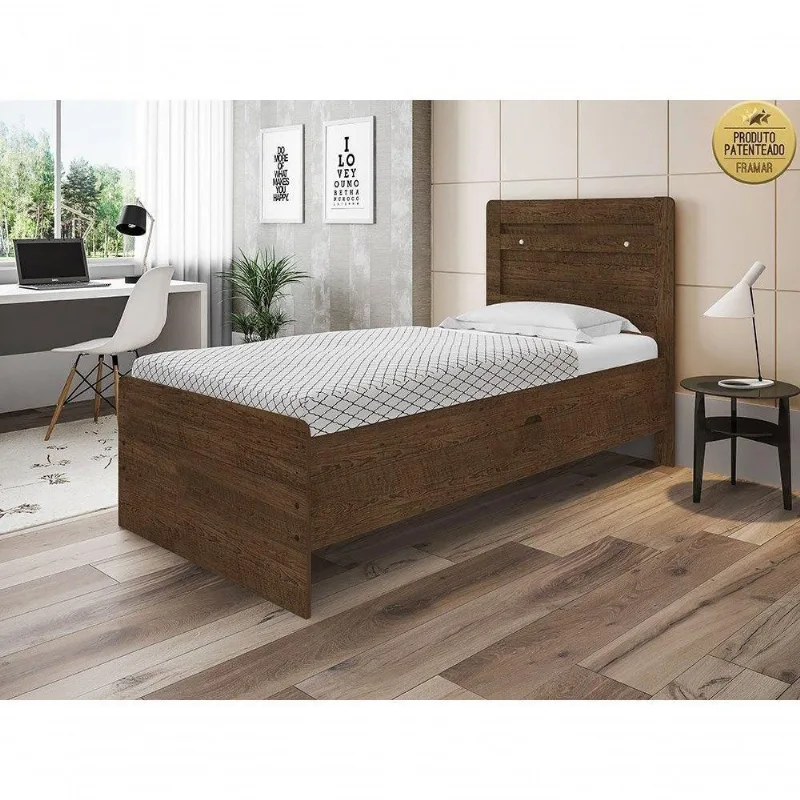 Cama Box Solteiro Larissa com Colchão Estrutura MDF-MDP Marrom Framar Móveis