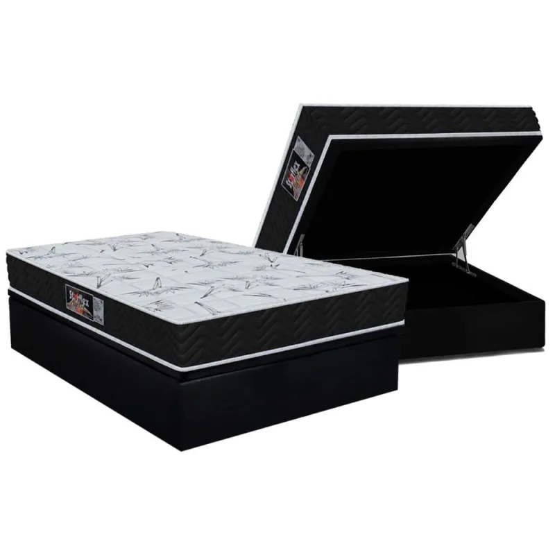 Cama Box Baú Casal: Colchão Molas Ensacadas Orthoflex Starflex + Base crc Suede Black (138x188) - Não Disponível - Móveis