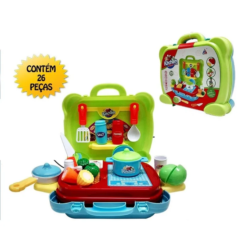 KIT COZINHA INFANTIL COMPLETA COM 26 ACESSORIOS VIRA MALETA CHEF PORTATIL COM MINI MERCADO