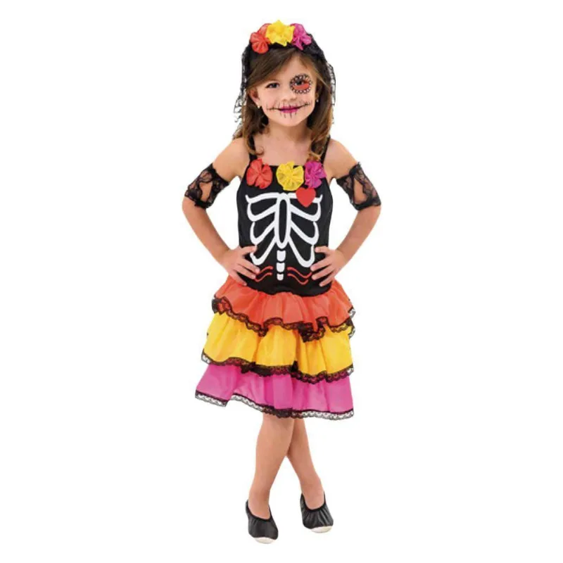 Fantasia Halloween Infantil Caveira Mexicana Com Véu Tamanho M