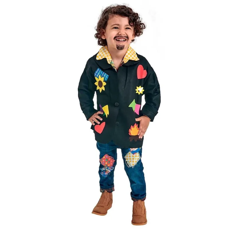 Fantasia Para Menino Festa Junina Paletó São João Decorado - P Fantasia Paletó Junino Infantil Masculino Com Figuras Festa Junina P / Preto