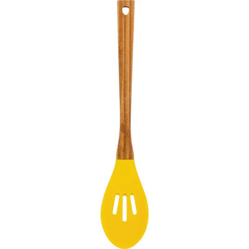 Colher Vazada Silicone com Cabo de Bambu Anji Amarela