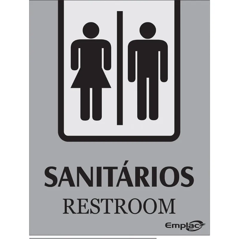 Placa Sinalizadora Emplac Sanitário Misto Prata Português /Inglês 20 x 15cm