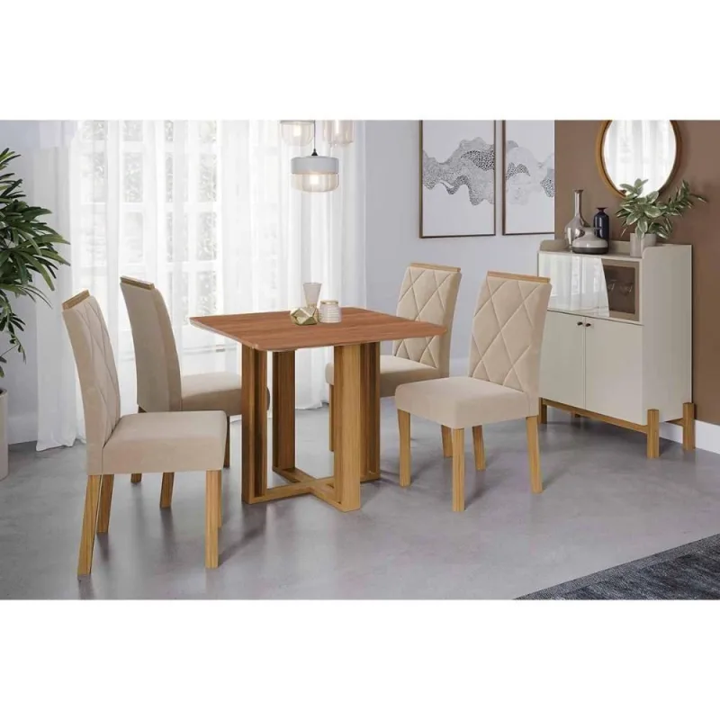 Sala De Jantar Completa Flora Tampo Madeirado 95x95cm E 4 Cadeiras Fernanda Cinamomo - Carvalho/suede Nude Bege - Cimol - OUTRAS - Móveis