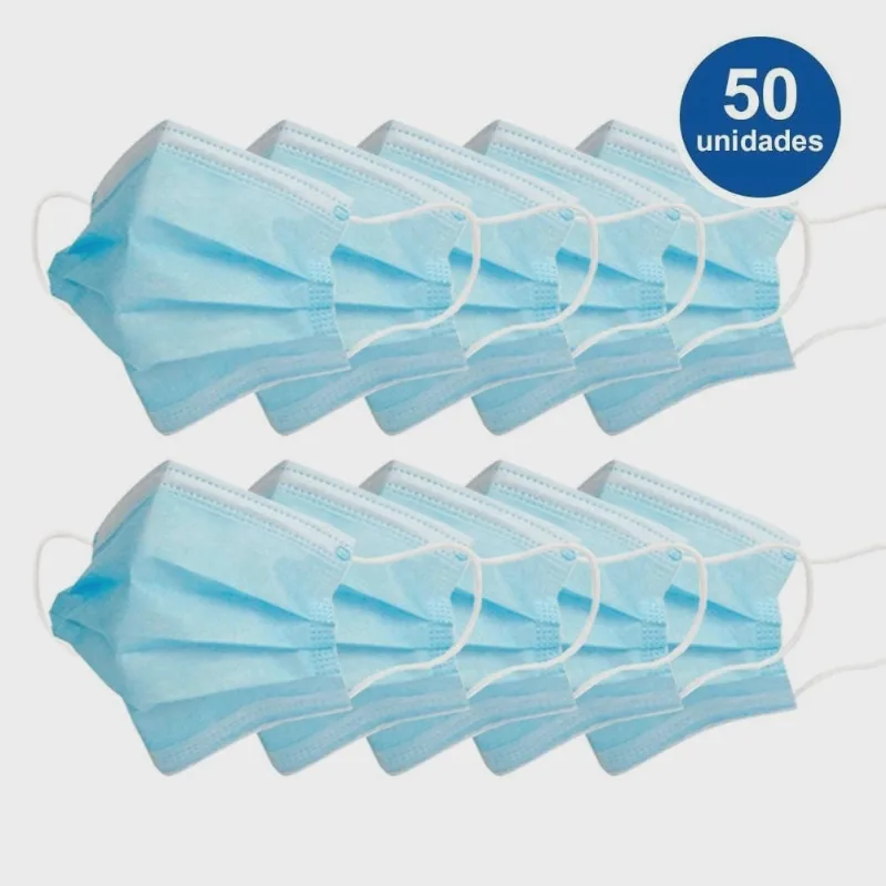 Kit com 50 Máscaras Descartáveis de Proteção Facial com 3 Camadas e Elástico