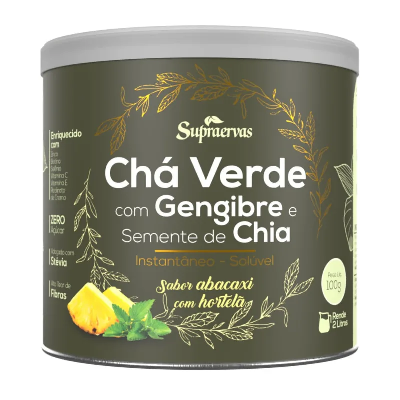 Chá Verde com Gengibre e Semente de Chia 100gr solúvel - Sabor Abacaxi e Horterlã