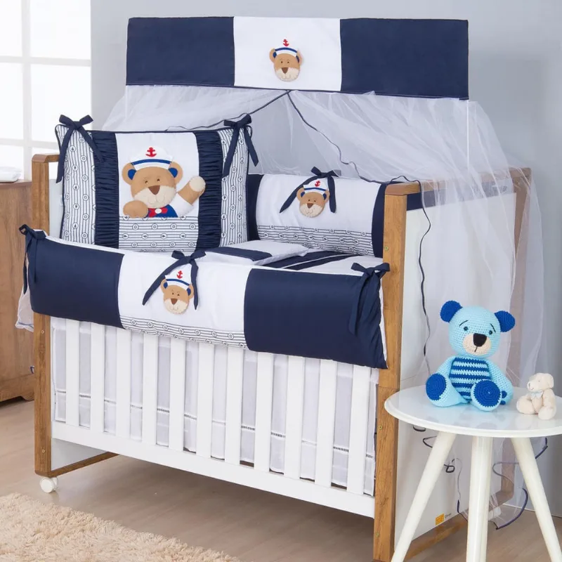 Kit Protetor Berço Bebê Menino Marujo Azul Marinho 8 Peças