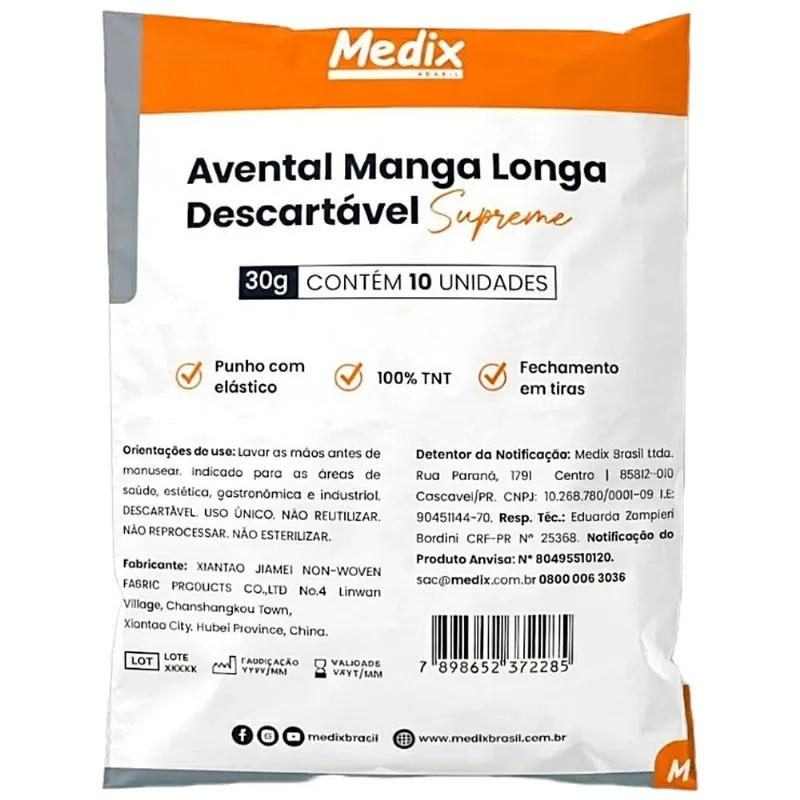 Avental Manga Longa Descartável Supreme 30g - 10 unidades