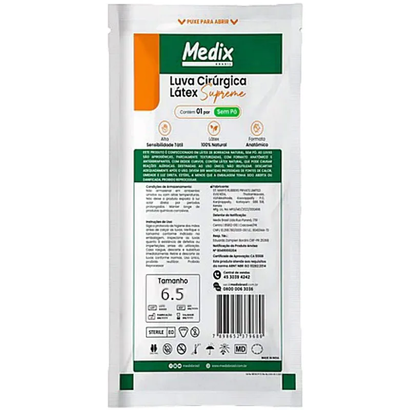 Luva Cirúrgica de Látex Supreme Medix - Sem Pó - 6.5 - Par
