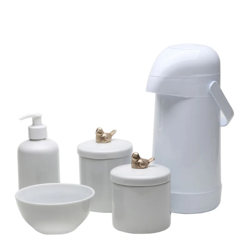 Potes, Garrafa, Molhadeira e Porta Álcool-Gel Passarinho Dourado