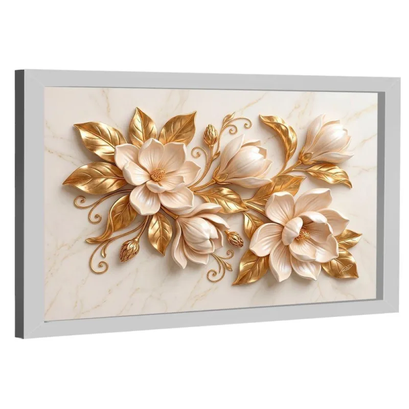 Quadro Decorativo 3d Flores Douradas Retangular em Madeira Nobre Reflorestada Dourado BR Artes - OUTRAS MARCAS - Agro