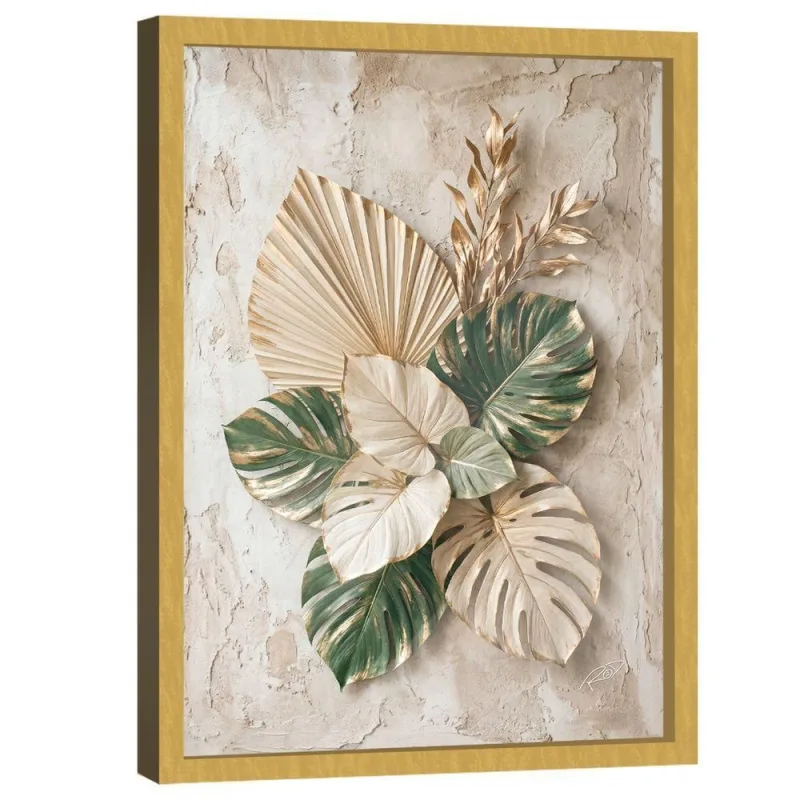 Quadro Decorativo Folhas 3D Retangular com Vidro Verde Dourada BR Artes 84x54CM - OUTRAS MARCAS - Agro