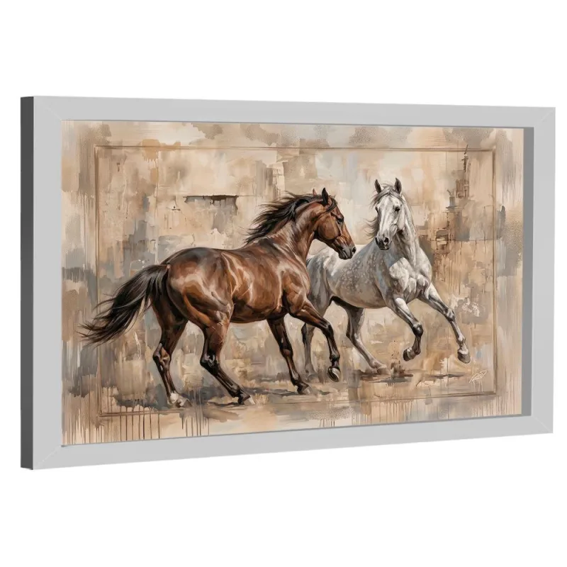 Quadro Decorativo Cavalos em Fundo Abstrato Retangular 180x105cm Branco BR Artes - OUTRAS MARCAS - Agro