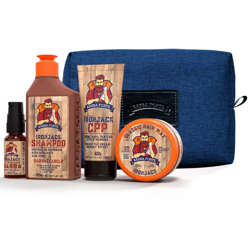 Kit Viagem Ironjack Shampoo + Creme de Pentear + Óleo + Pomada + Necessaire Barba Forte