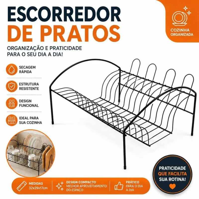 Escorredor de Pratos Compacto com Porta Copos em Metal Resistente para Cozinha Preto - OUTRAS - Agro