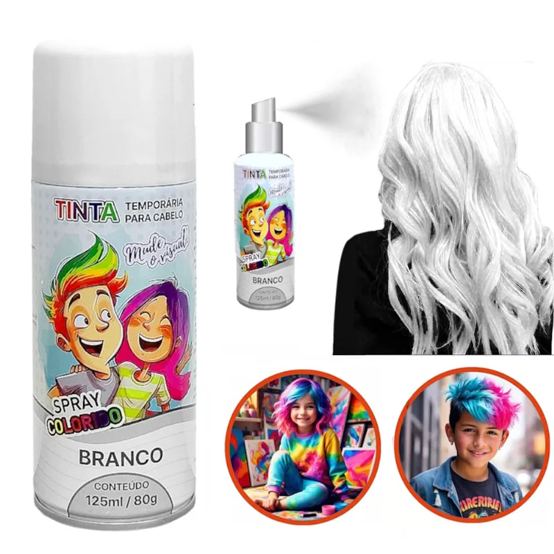 Tinta de Cabelo Temporária Branca Spray lavável Cabelo Maluco Festas Carnaval