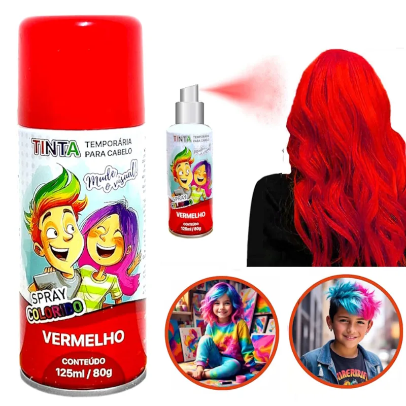 Tinta de Cabelo Temporária Vermelha Spray lavável Cabelo Maluco Festas Carnaval