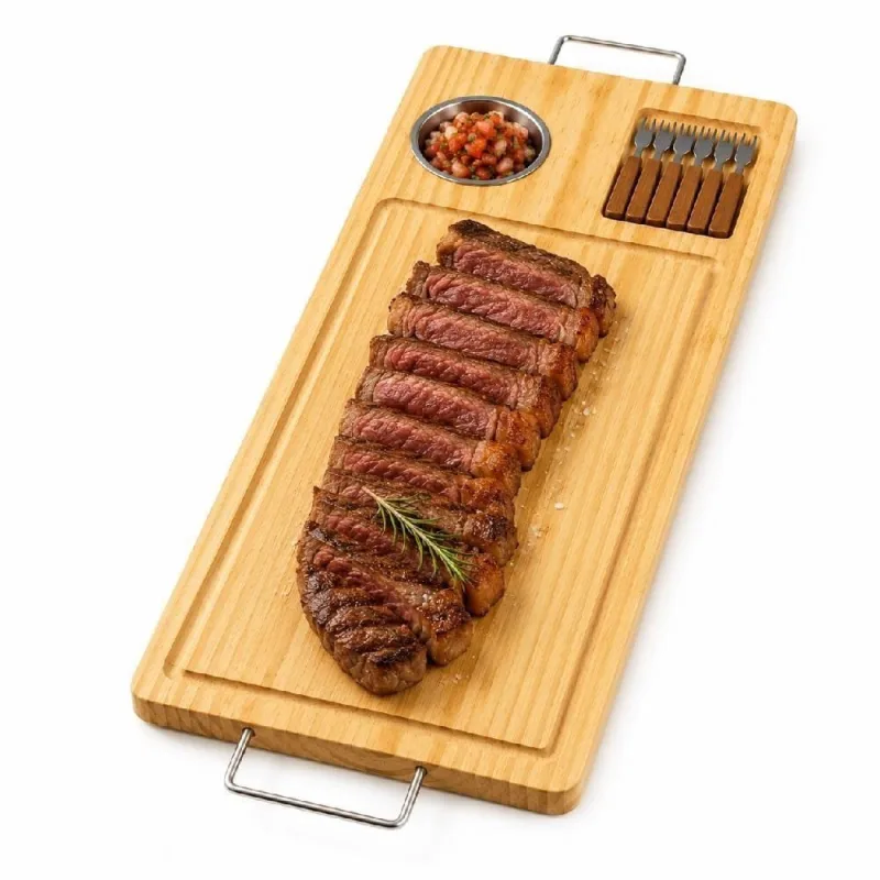 Tabua Bambu Churrasco Completa Molheira 6 Garfinhos Divisorias Bandeja Corte Petisqueira Madeira - OUTRAS - Agro