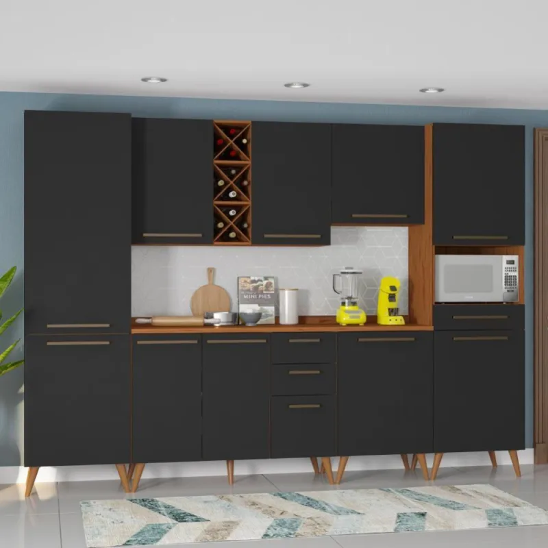 Armário De Cozinha Completa Com Adega Favorita Preto/Nature - OUTRAS - Móveis