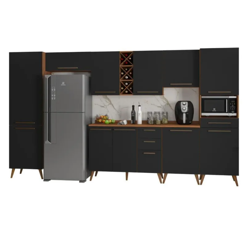 Armário De Cozinha Completa Com Adega Favorita Preto Nature - OUTRAS - Móveis