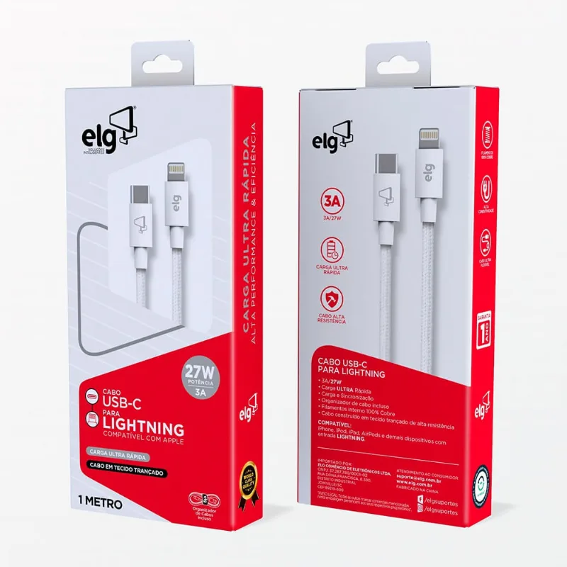 Cabo ELG TCL10PBR Tipo-C para Lightning 27W 3A 1 Metro Branco
