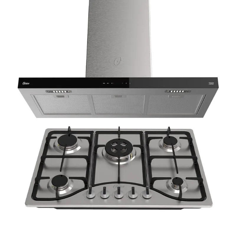 Kit Inox Cooktop A Gás 5 Bocas E Coifa De Ilha 90 Cm Oster 110V