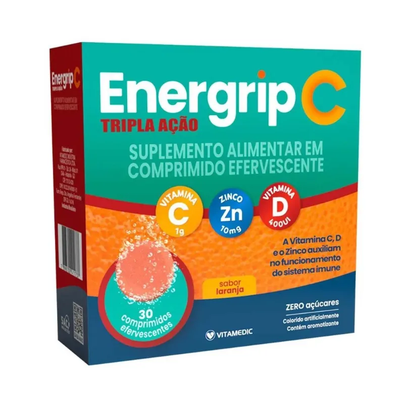 Energrip C Tripla Ação 30 Comprimidos Efervecentes Vt C+Zinco+Vitamina D Laranja Vitamedic