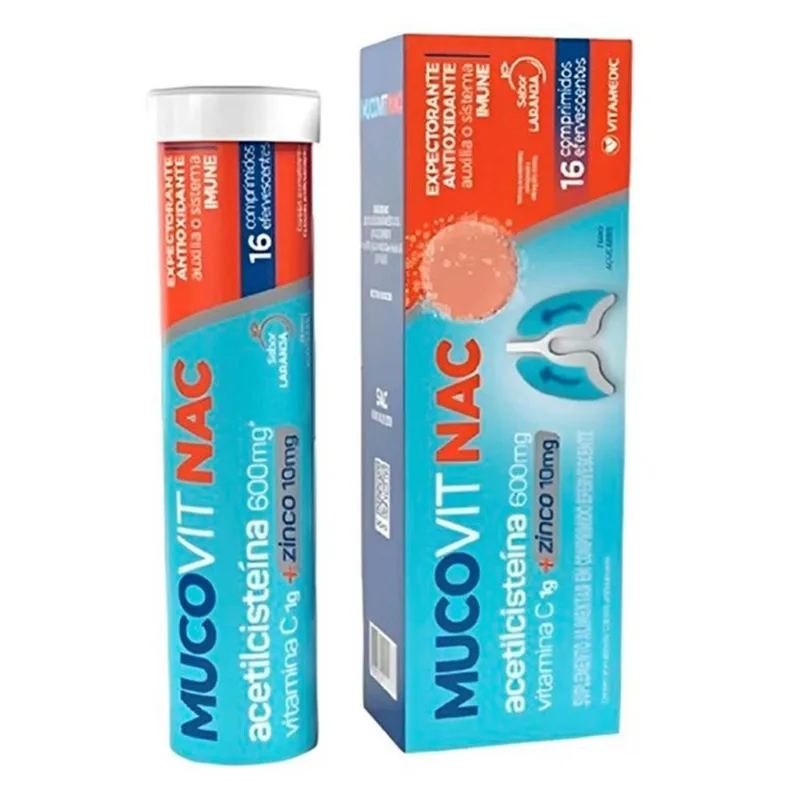 Mucovit Nac Acetilcisteína 600mg+VitC 1g+Zinco 10mg 16 Comprimidos Efervescentes Sabor Laranja Vitamedic
