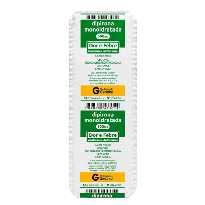 Dipirona Monoidratada 500mg Vitamedic 10 Comprimidos