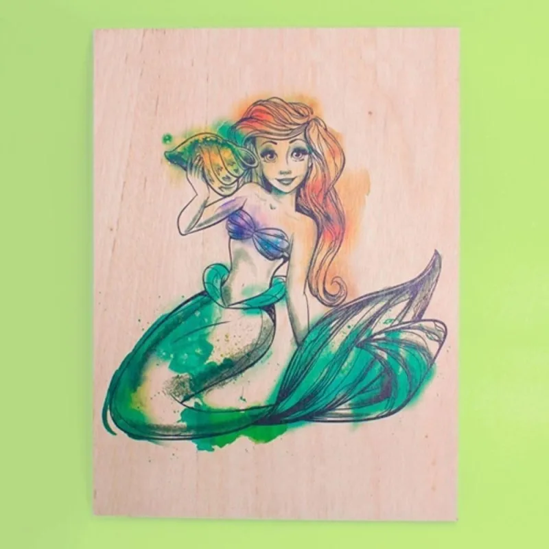 Quadro Ariel Princesa Disney Aquarela Quadrado 19CM em Madeira Compensado Naval Vermelho 19CM - ariel - Agro
