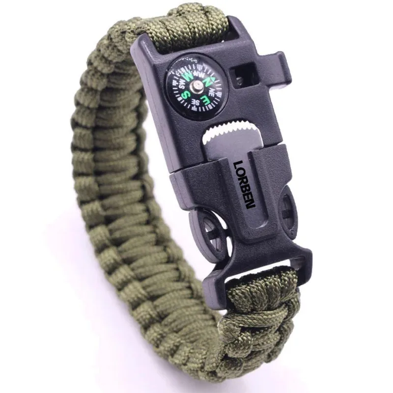Pulseira Tática De Sobrevivência Lorben Bracelete Emergência Trilha Bússola Pederneira Faca Apito