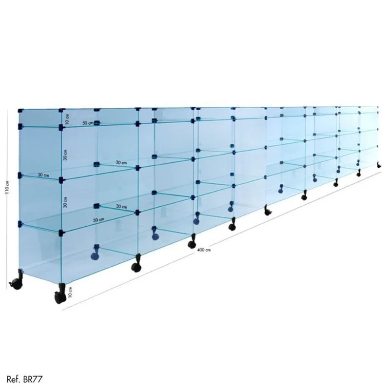 Balcão de Atendimento Modulado em Vidro com Rodízios - 4,00 x 1,10 x 0,30