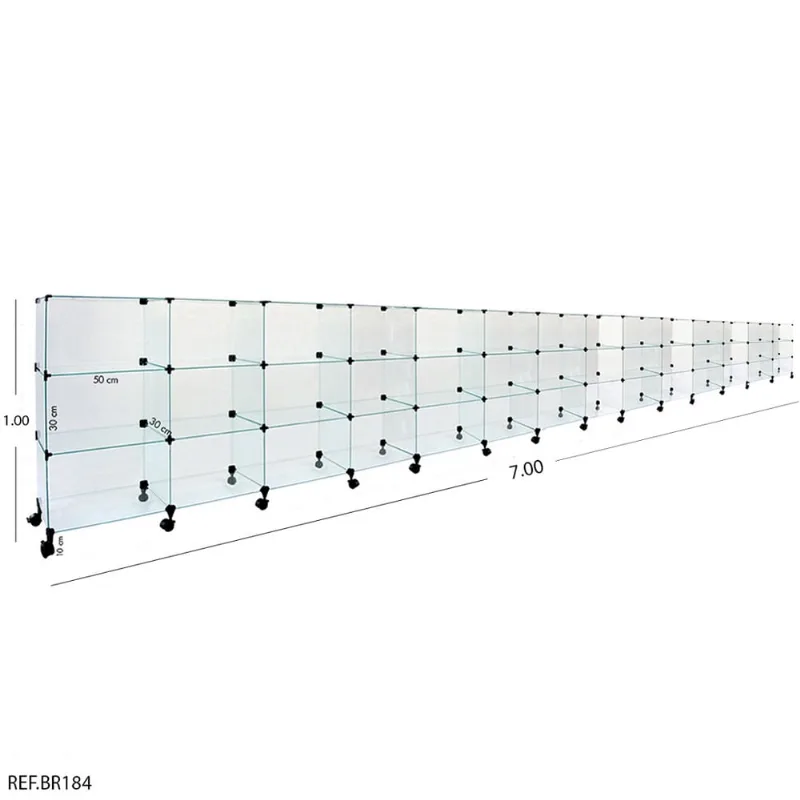 Balcão de Atendimento Modulado em Vidro com Rodízios - 7,00 x 1,00 x 0,30