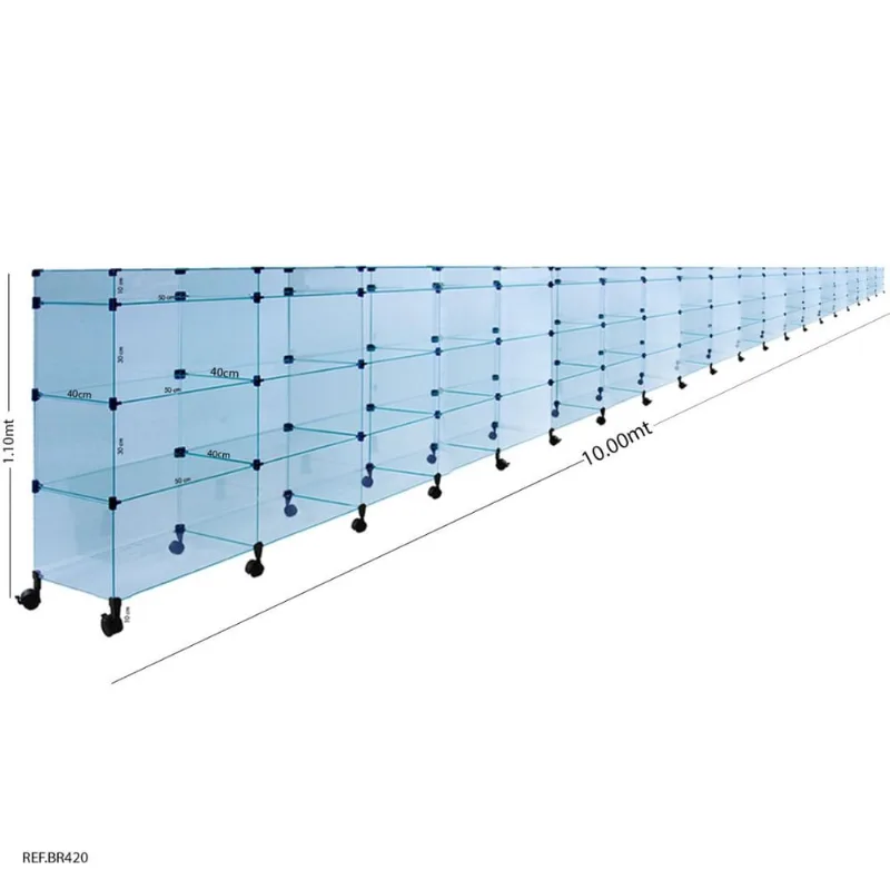 Balcão de Atendimento Modulado em Vidro com Rodízios + Porta Bijuterias -10,00 x 1,10 x 0,40