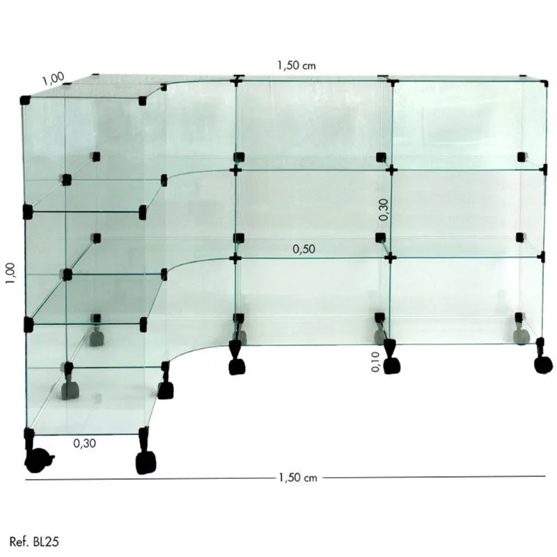 Balcão L Modulado em Vidro com Rodízio 1,50 x 1,00 x 1,00