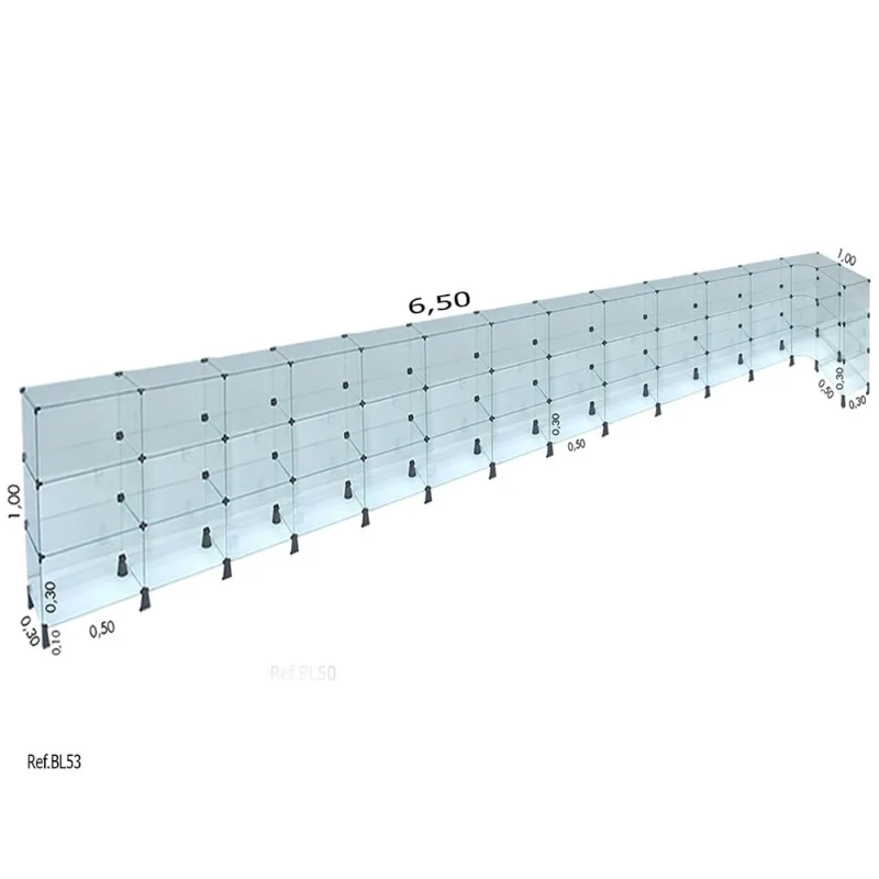 Balcão de Atendimento L Modulado em Vidro 6,50 x 1,00 x 0,30