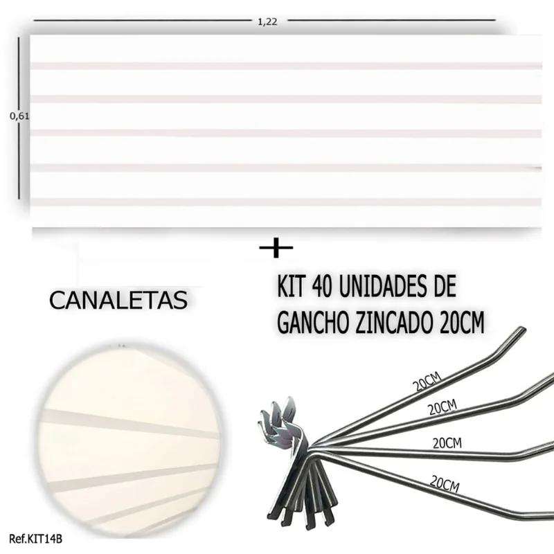 Painel Canaletado 1,22 x 0,61 + 40 Ganchos 20cm + Canaleta Branca