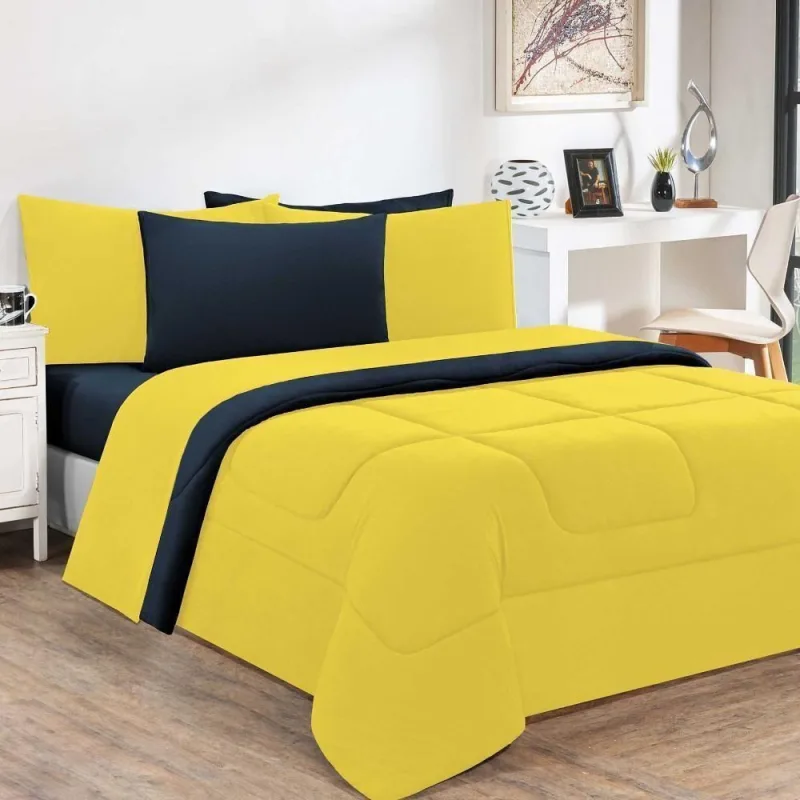 Kit Edredom Malha 100% Algodão Gran Moratta 3 Peças King - Amarelo-azul Marinho - Qualidade Superior - Enxovais Davy - Cama, Mesa E Banho