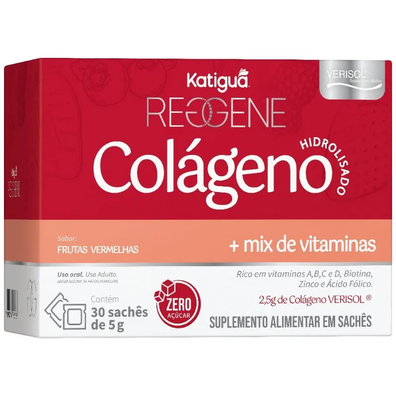 Colágeno Verisol + Mix de Vitaminas Sabor Frutas Vermelhas Suplemento 30 Sachês Reggene Katiguá