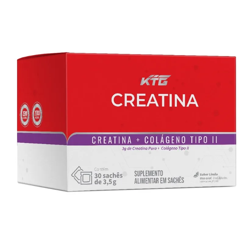 Creatina Monohidratada 3000mg + Colágeno Tipo II 40mg Suplemento Sabor Limão 30 Sachês KTG Katiguá