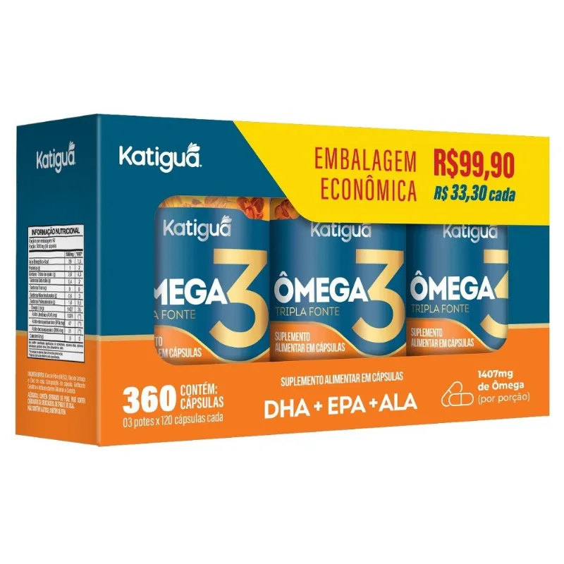 Kit Ômega 3 Tripla Fonte DHA + EPA + ALA Suplemento 360 Cápsulas 3 Unidades Katiguá