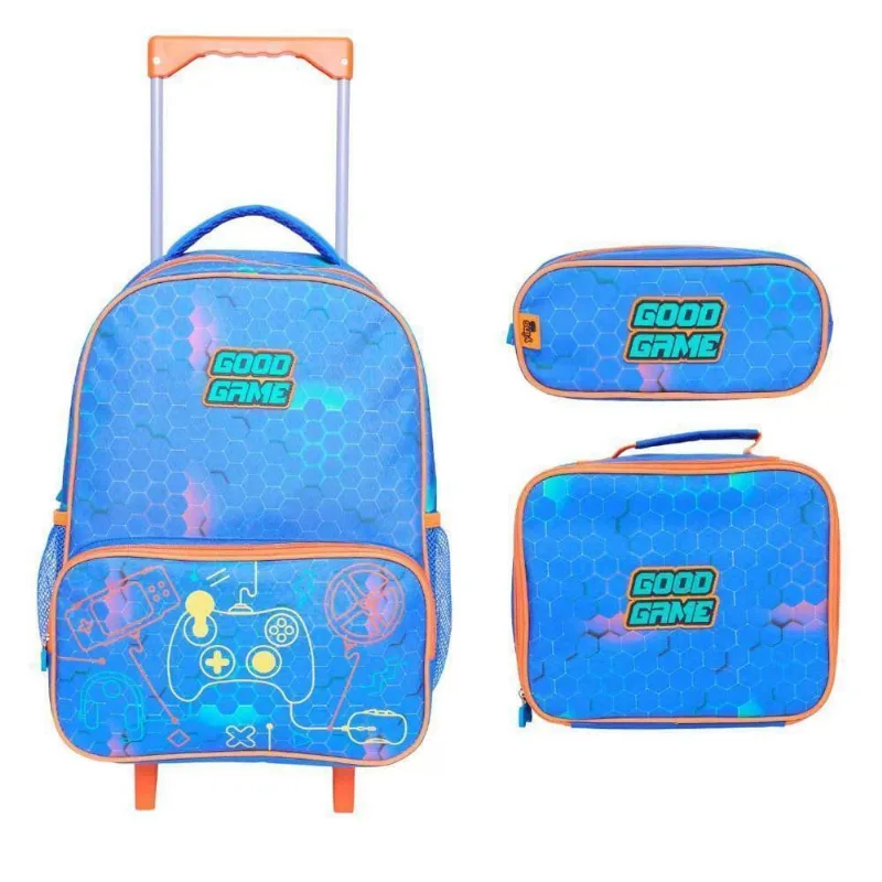 Kit Mochila De Rodinha E Alca Good Game +Lancheira+Estojo AC Azul Claro