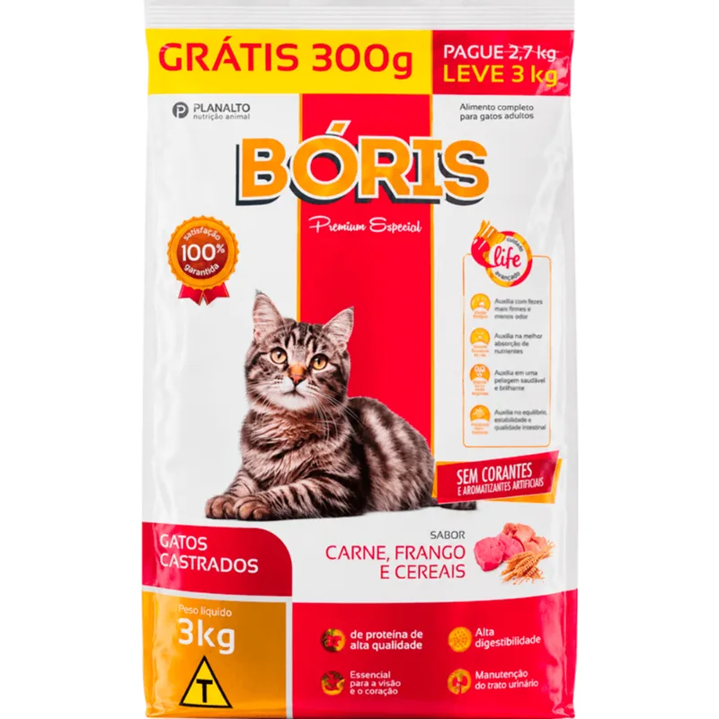 Alimento para Gatos Bóris Castrados Carne, Frango e Cereais 3kg